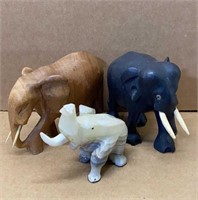 Carved Elephant Trio Lot  Wood & Stone As Is