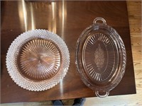 Two (2) Pink Depression Glass Trays (oval and