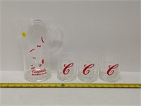 plastic campbell soup pitcher & 3 cups