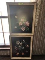 PAIR OF OIL ON FABRIC FLORAL PRINTS
