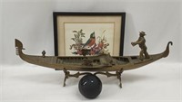 Solid Brass Venetian Boat, Signed Robin Print,