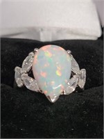 Opal and CZ Silver Ring