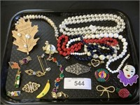 Costume Jewelry, beaded necklaces, pins.