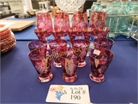 16 CRANBERRY CUT TO CLEAR CRYSTAL GLASSES