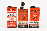 LOT 3 MOTO-MASTER SOLDER, RADIATOR FLUSH, OIL CANS