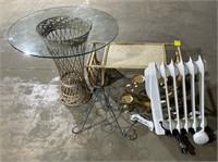 (A) Rattan Serving Tray, Wicker Glass Top Table,