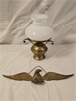 Brass Eagle and Oil Lamp with Milk Glass Shade