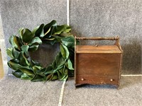 Faux Leaf Wreath and Old Wooden Storage Case