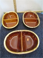 3-- HULL BROWN DRIP POTTERY DIVIDED DISHES