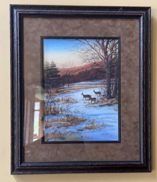 Ned Ewell Framed Deer Watercolor Art