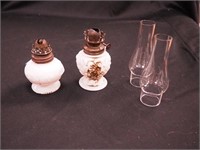 Pair of vintage miniature milk glass oil lamps
