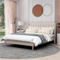 Queen, CREAM Upholstered Platform Bed Frame