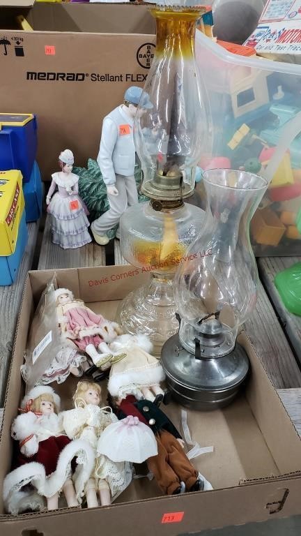 2- Kerosene Lamps & Mini Porcelain Dolls