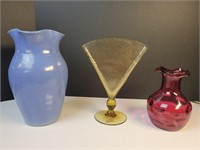 3x Vintage vases stoneware and glass fan vase
