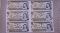 (6) 1973 Canadian One Dollar Sequential Numbered ,