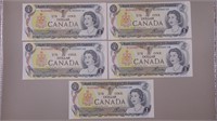 (5) 1973 Canadian One Dollar Sequential Numbered ,