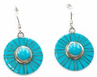 Signed KC Zuni Sterling Turquoise Inlay Earrings