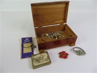 Wooden(5" x 8")Box w/Misc Deco to Vintage Jewelry