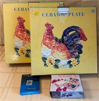 F - CERAMIC ROOSTER PLATTERS, SEWING SET, CLOCK