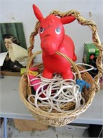 Baskets, red horse riding toy