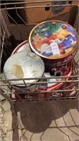 Vintage Milk crate with various holiday tins