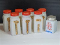 7- Old White Glass Spice Bottles with Red Lids and