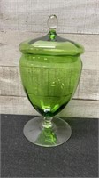 Vintage Green Glass Apothecary Jar 9" Tall