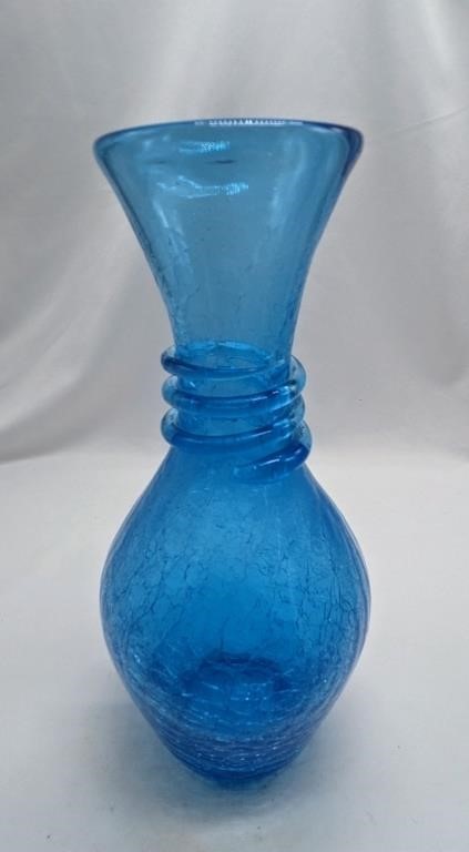 Blenko Glass Blue Crackle Vase