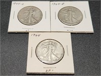 Three 1945 Walking Liberty Half Dollars