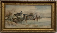 Watercolor Village Scene In Gilt Frame