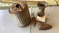 Vintage Lot Metal Gas Can Sad Iron Meat Grinder