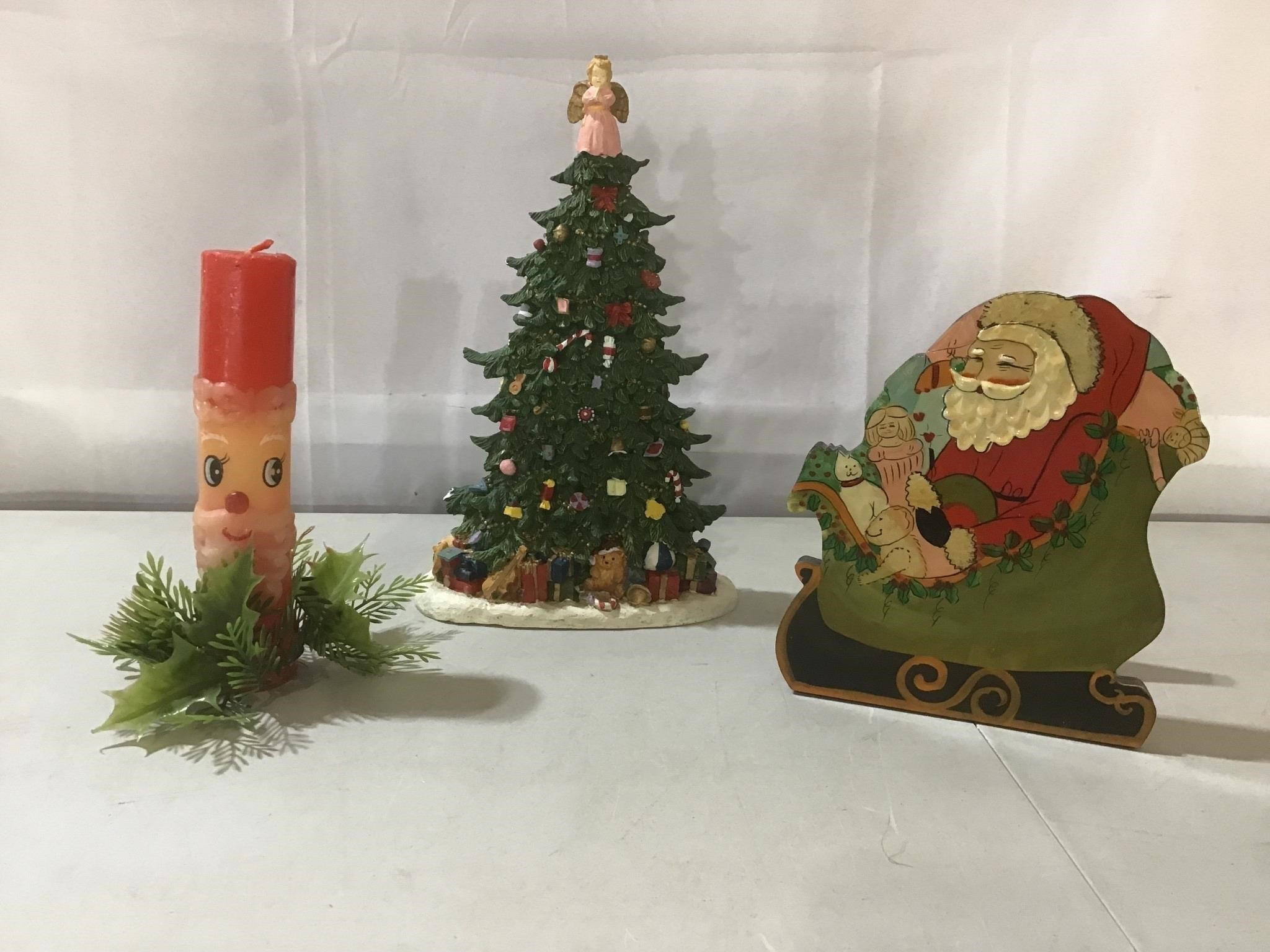 Vintage Santa pillar candle & Santa in sleigh,tree