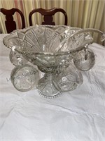Antique US Glass Childs Toy Punch Bowl & 6 Cups