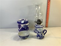 Blue & White Canister, China & Oil Lamp