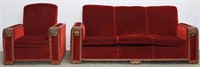 Antique Red Velvet Sofa & Chair
