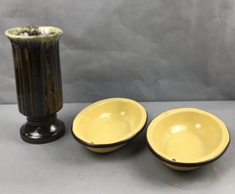 Hull USA vase and metal bowls