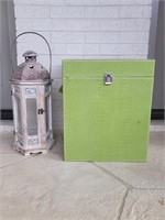 Green Hinged Patio Pool Towel Chest & Lantern