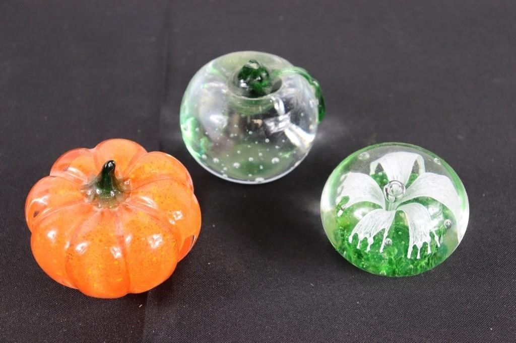 Three Assorted Glass Paperweights (1 is Chipped)