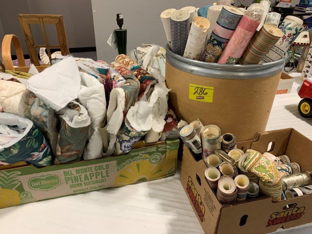 ROLLS OF WALLPAPER OF ALL KINDS, BOX OF FABRIC