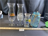 Blue Mason Jar & 2 Hurricane Glasses & More