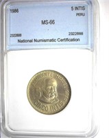 1986 5 Intis NNC MS66 Peru