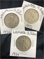 Lot of 3 Walking liberty silver half dollars with