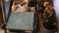 Small toolbox, coffee cans full nuts bolts, misc