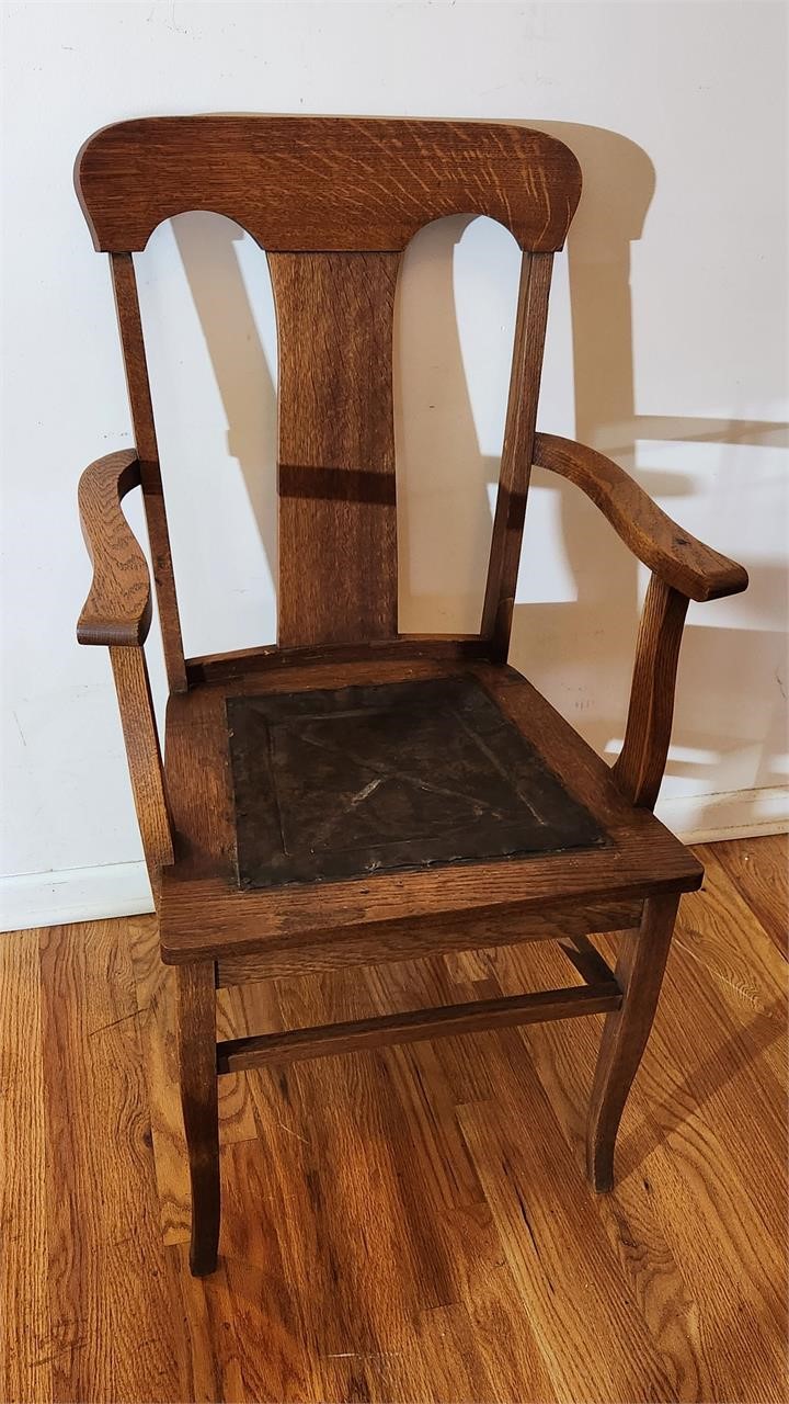 Antique Mission Style Oak Arm Chair Tin Seat