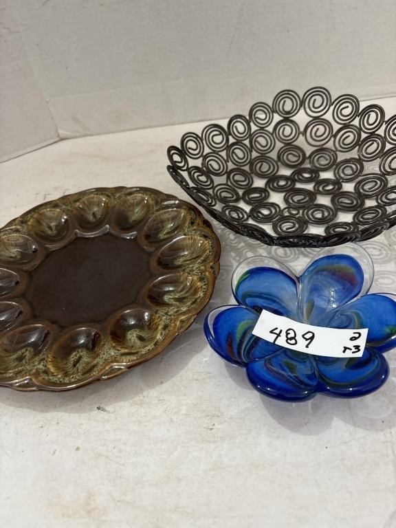 (3) Antique Stoneware Deviled Egg Platter and More