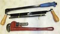 18" PIPE WRENCH, PRY BAR, 13" DRAW KNIFE
