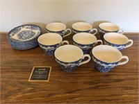 8 Churchill Blue & White Cups & Saucers