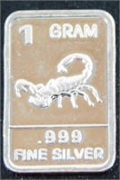 1 gram Silver Ingot - Scorpion, .999 Fine