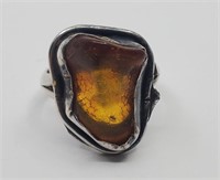Vintage Sterling Silver Hand Made Amber Ring