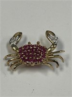 14KT 585 GOLD RUBY & DIAMOND CRAB PIN